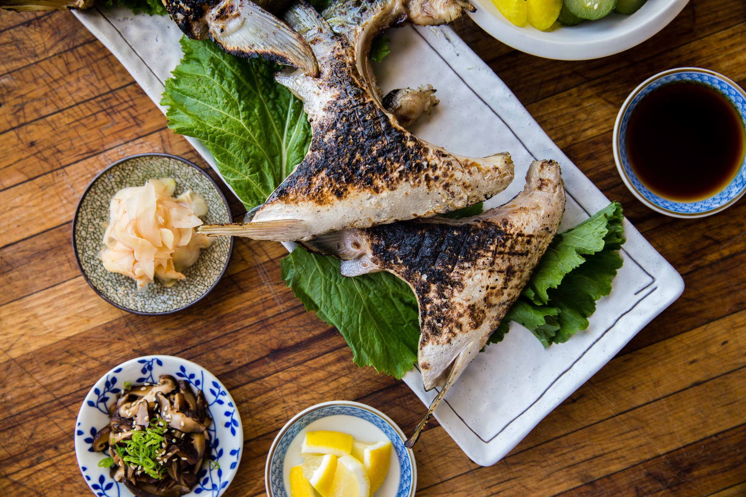 Grilled Hamachi Collar With Marinated Mushrooms and Quick Pickles