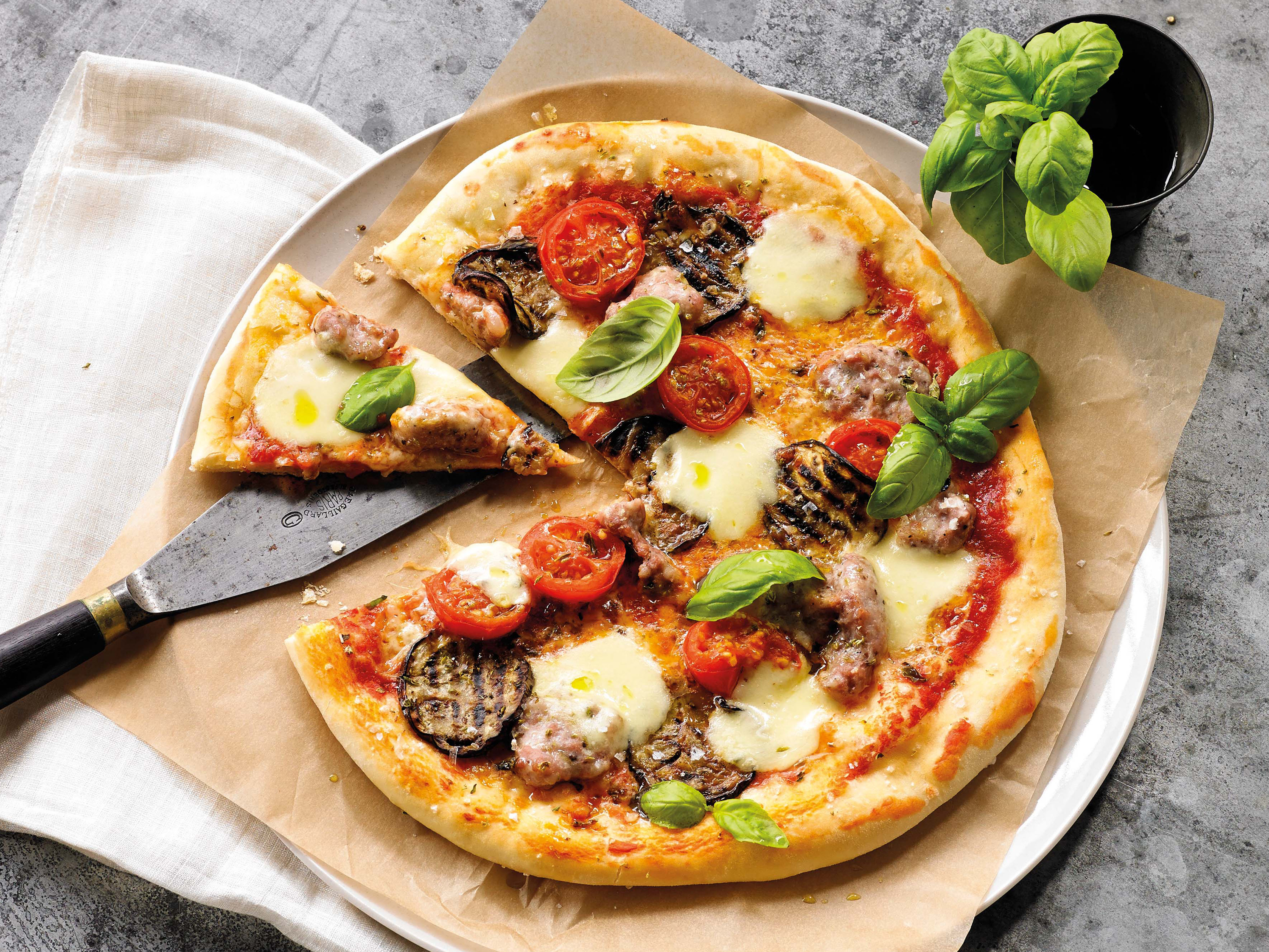Spicy Pork, Eggplant and Tomato Pizza