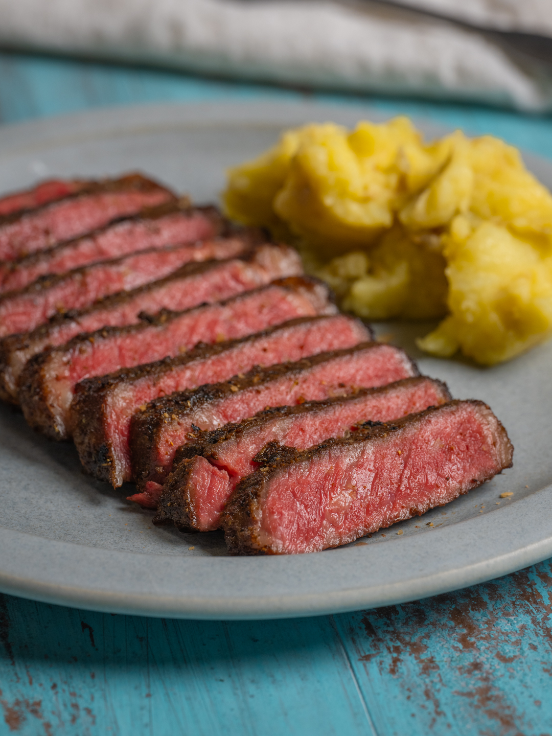 Turbo NY Strip with Mushroom Rub and Roasted Garlic Mashed Potatoes  