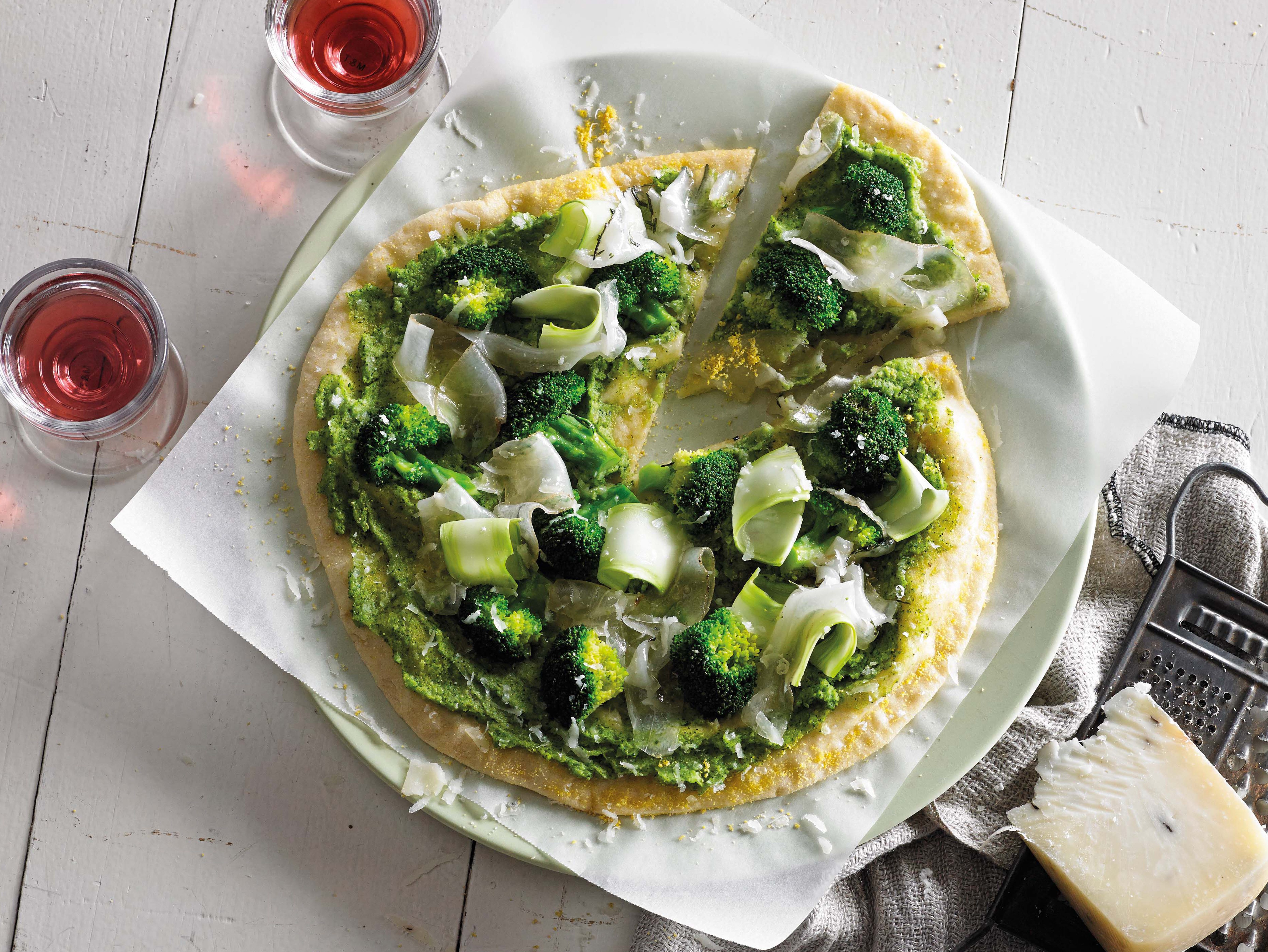 Polenta Crusted, Broccoli Pesto and Pancetta Pizza