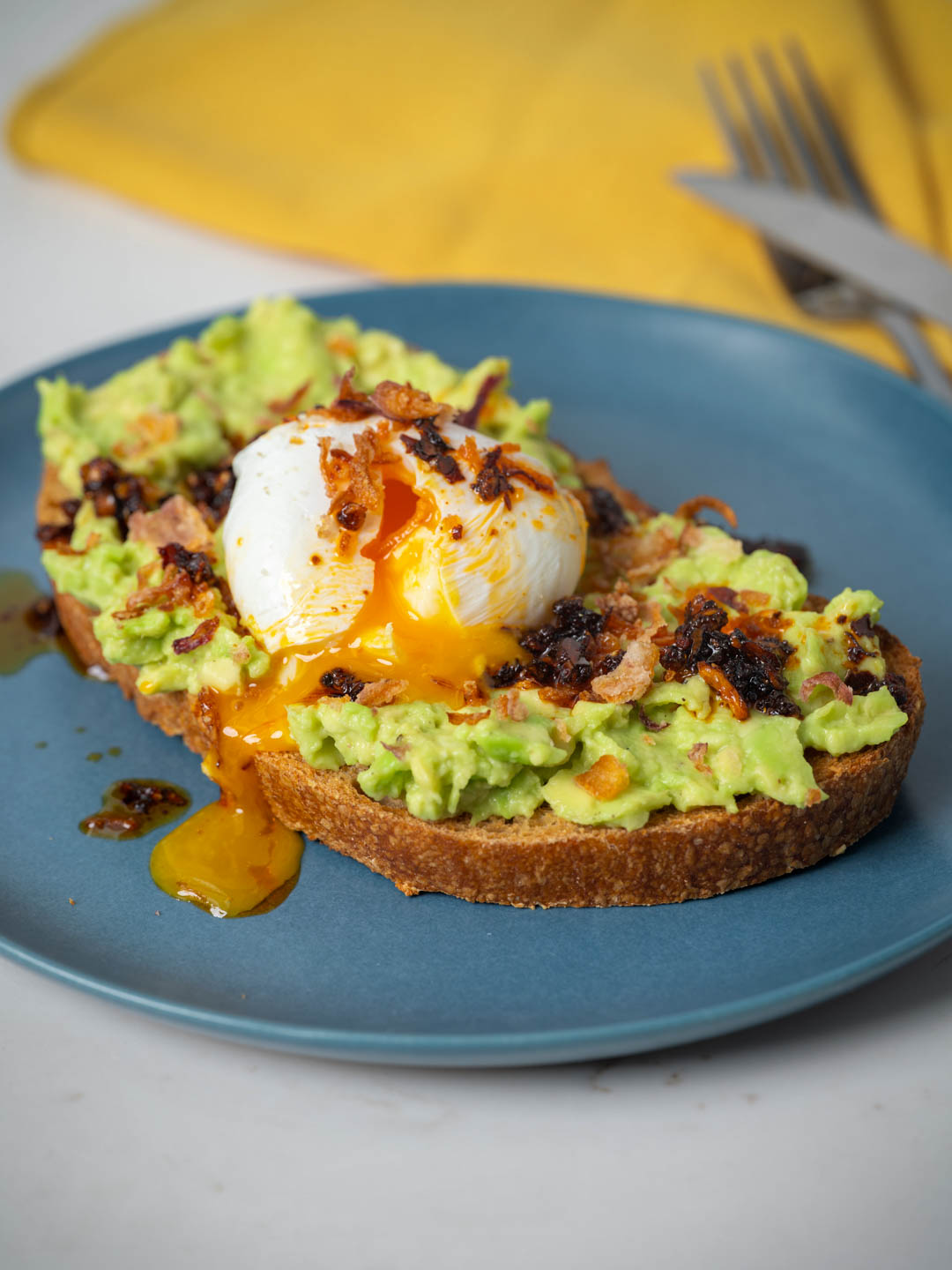 Smashed Avocado with Poached Egg and Chili Crisp 