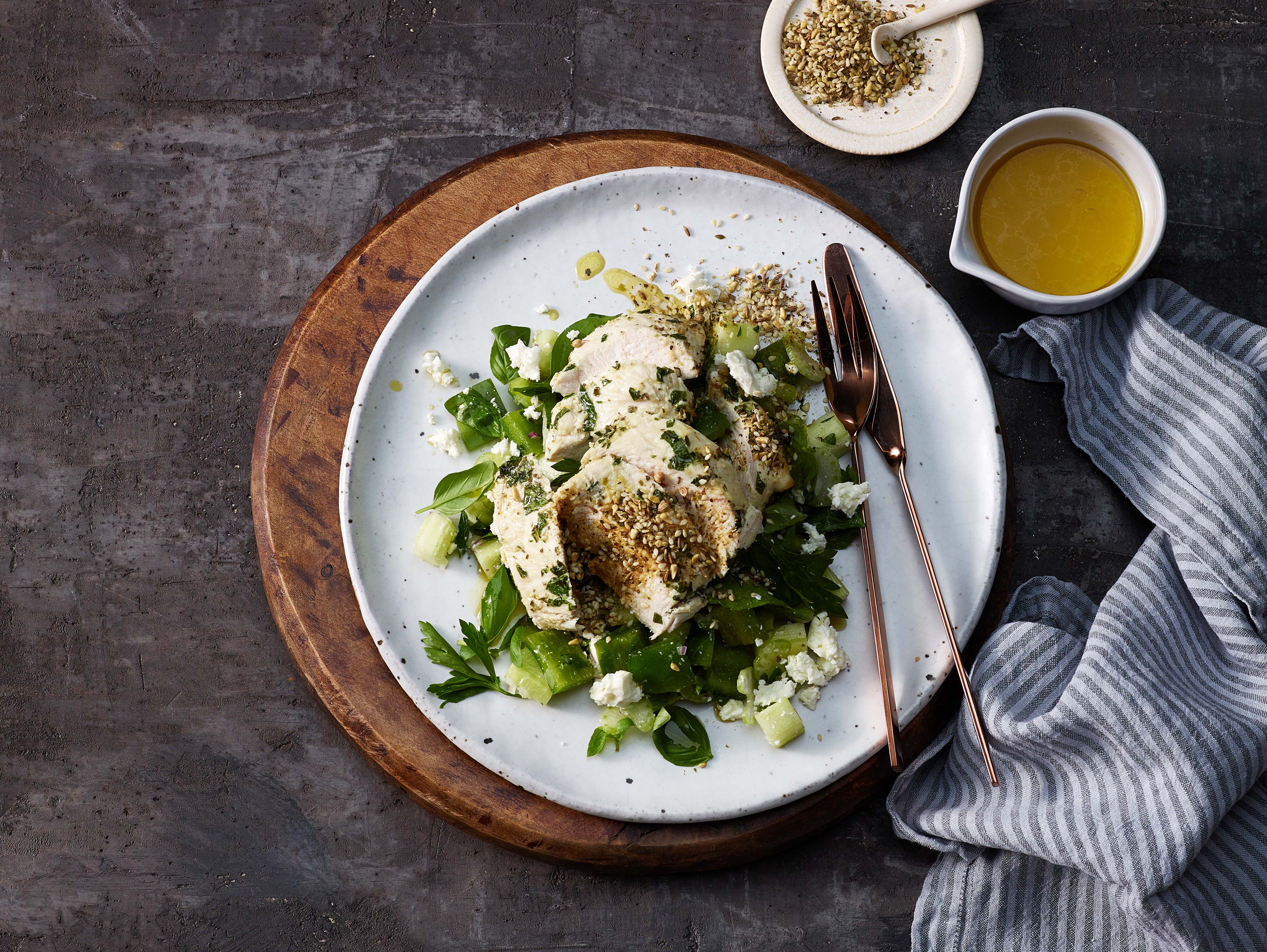 Broiled Chicken Breast with Green Salad and Herbs