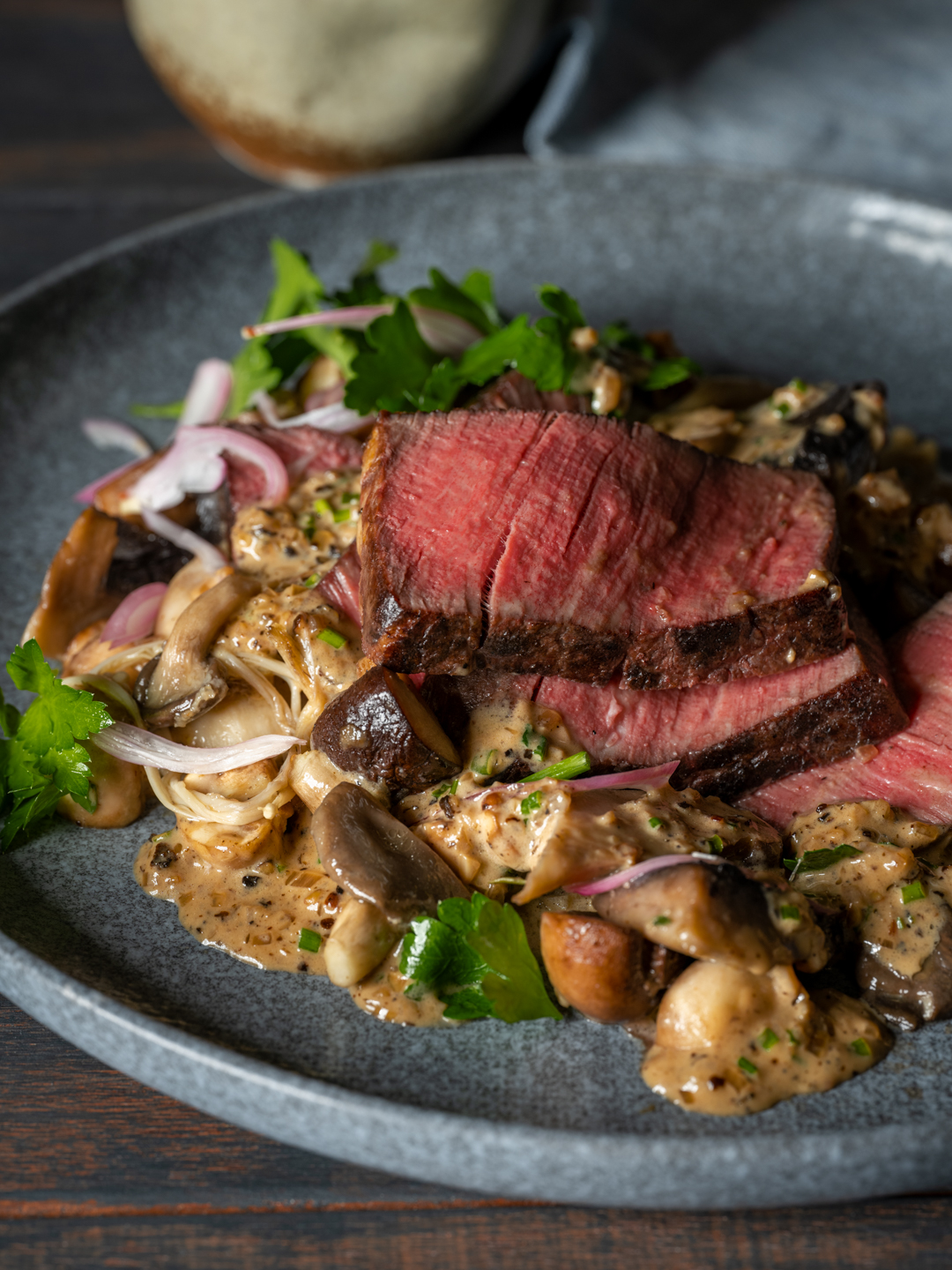 Turbo Filet Mignon with Peppercorn Sauce and Air-Fried Garlic Mushrooms 