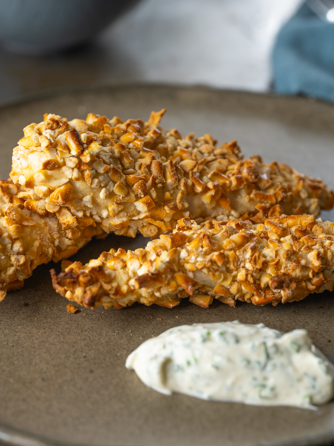 Air-Fried Pretzel Chicken Tenders with Ranch Dressing