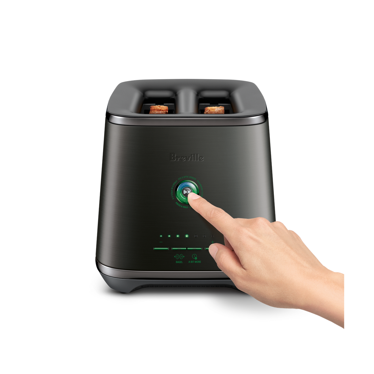 A hand reached out to press a button of the Eye Q™ Auto 2 Slice