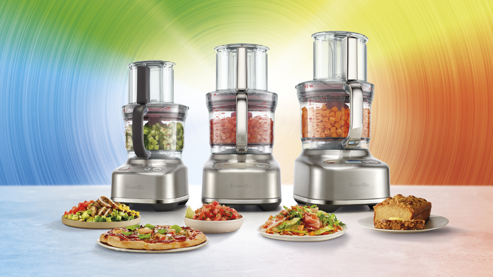 Food processor lineup showcasing the full range of models available in different sizes.