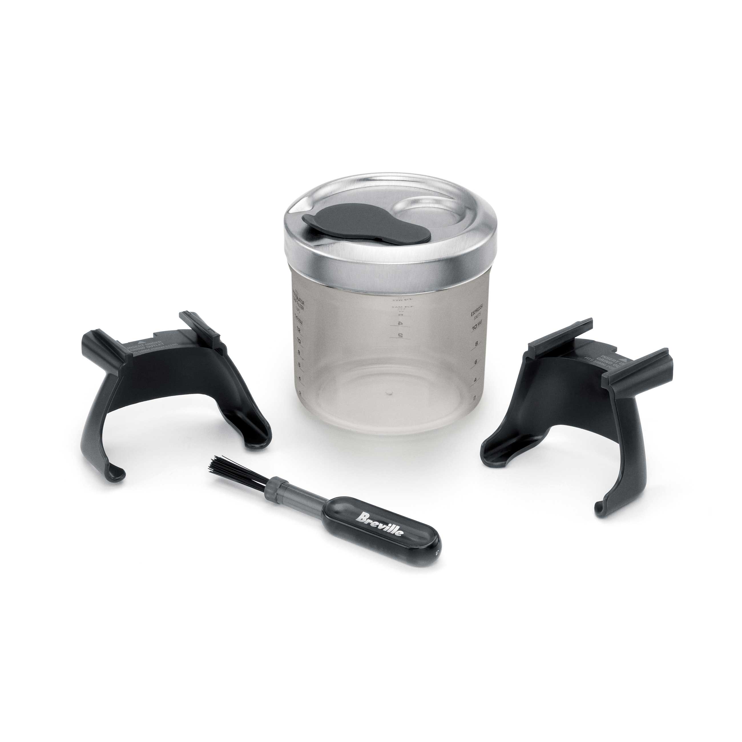 The Smart Grinder Pro comes with an airtight container, 2 portafilter holders and a cleaning brush.