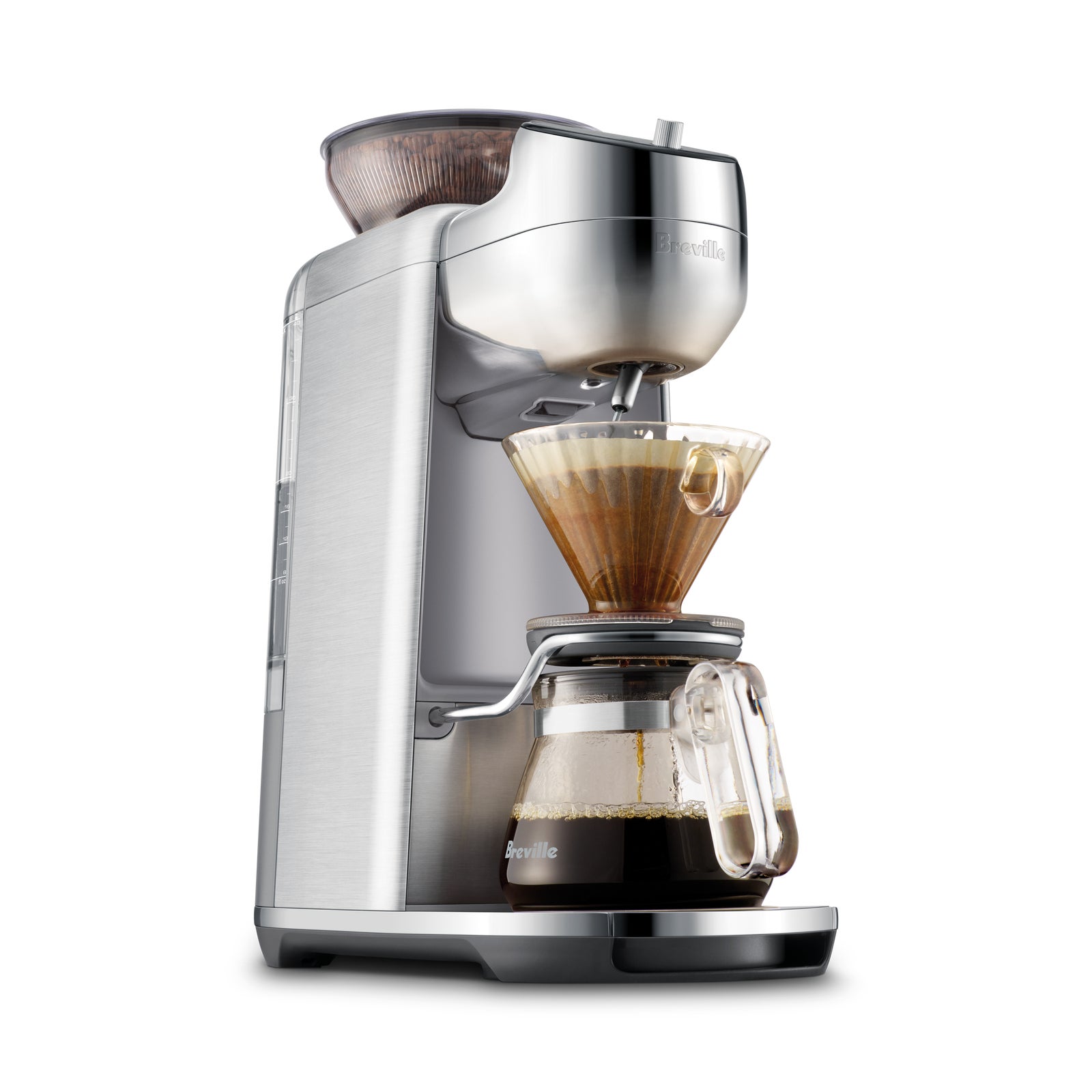 The Spiral Luxe Auto Pour-Over seen at three-quarter angle: bean hopper, polished steel head with the articulated spout, conical glass filter and carafe, on a brushed stainless steel base.