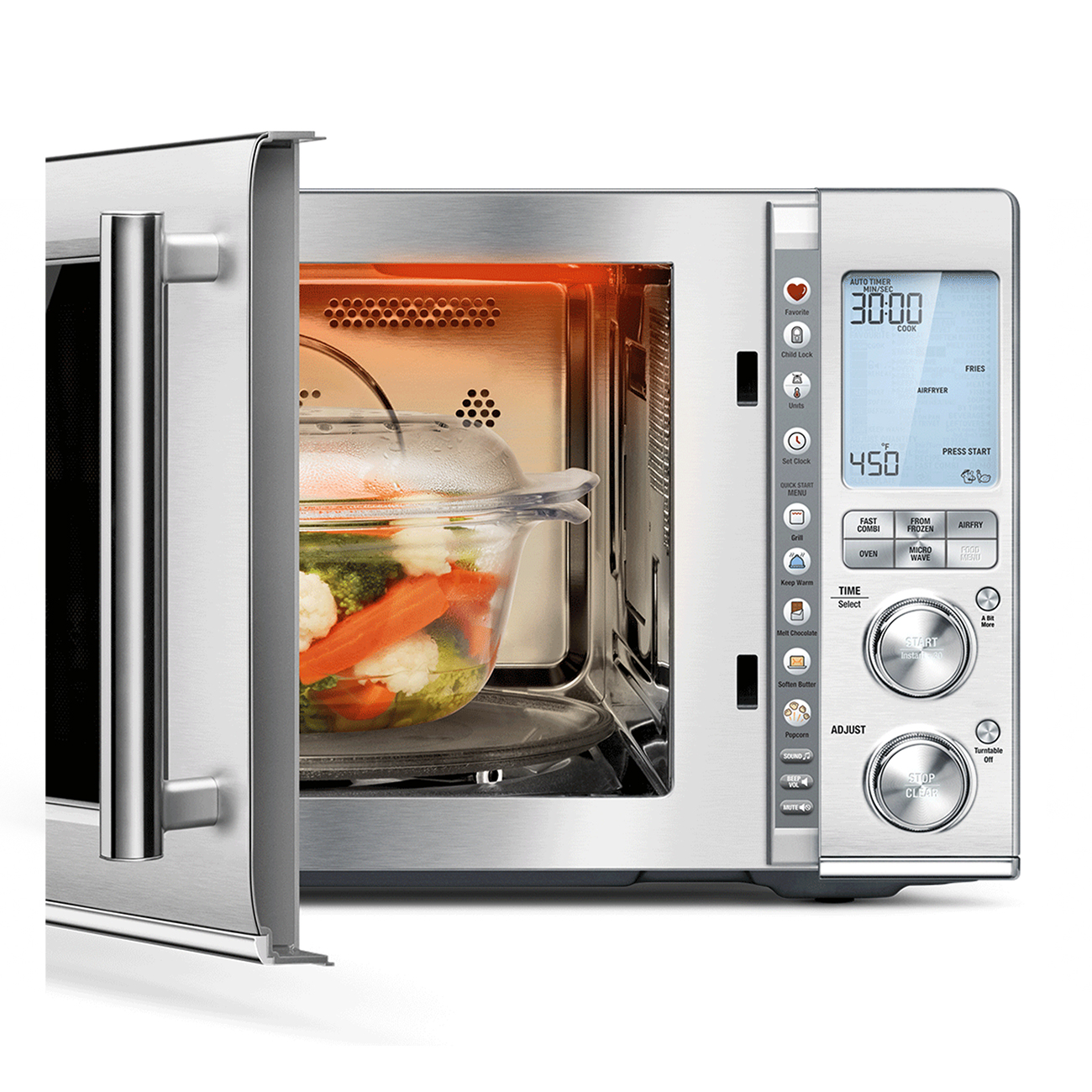 Microwave door with door open with cooked vegetables inside.