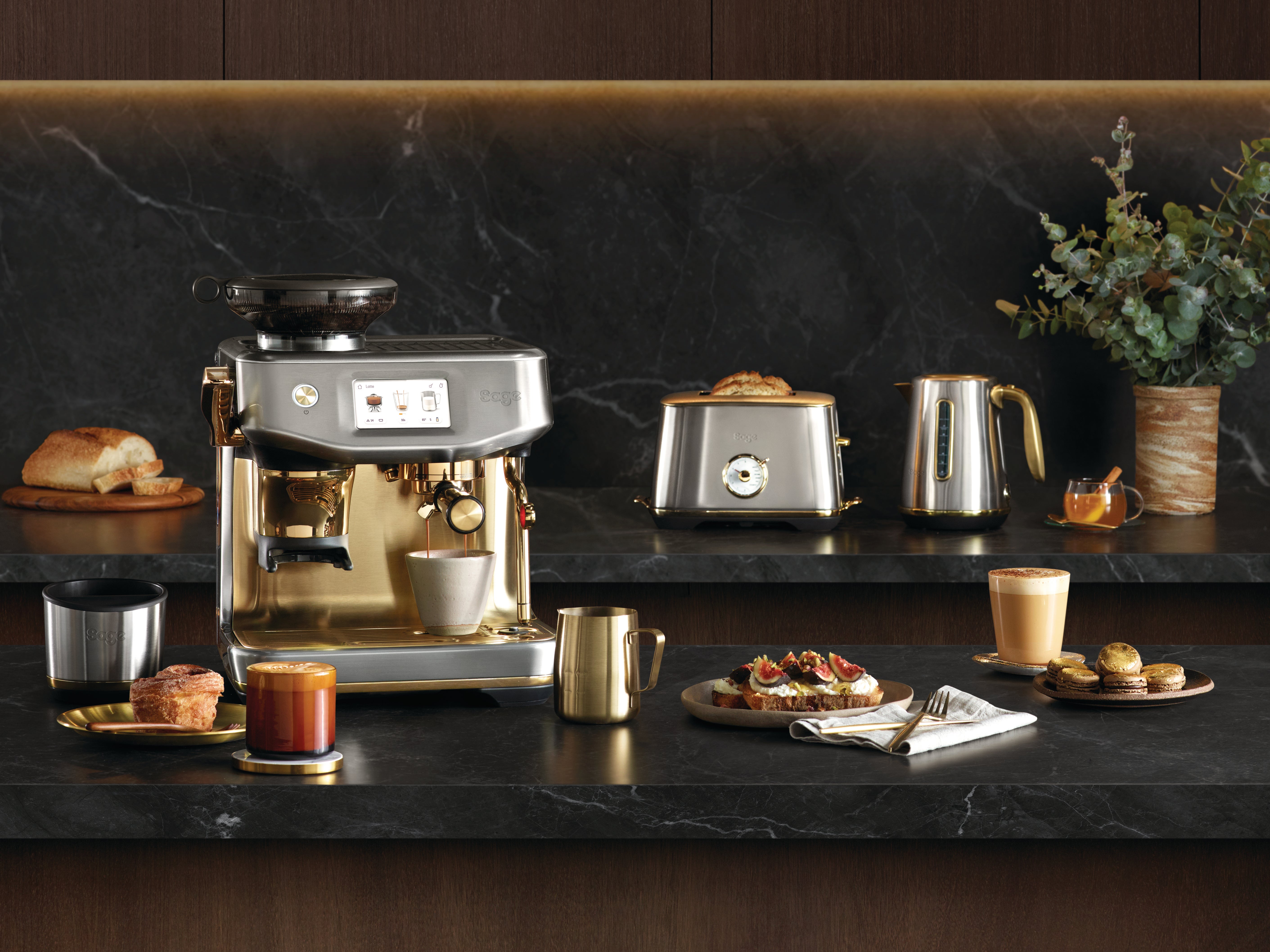 Kitchen display showing the entire Sage mixed metals range of espresso machine, toaster and kettle.