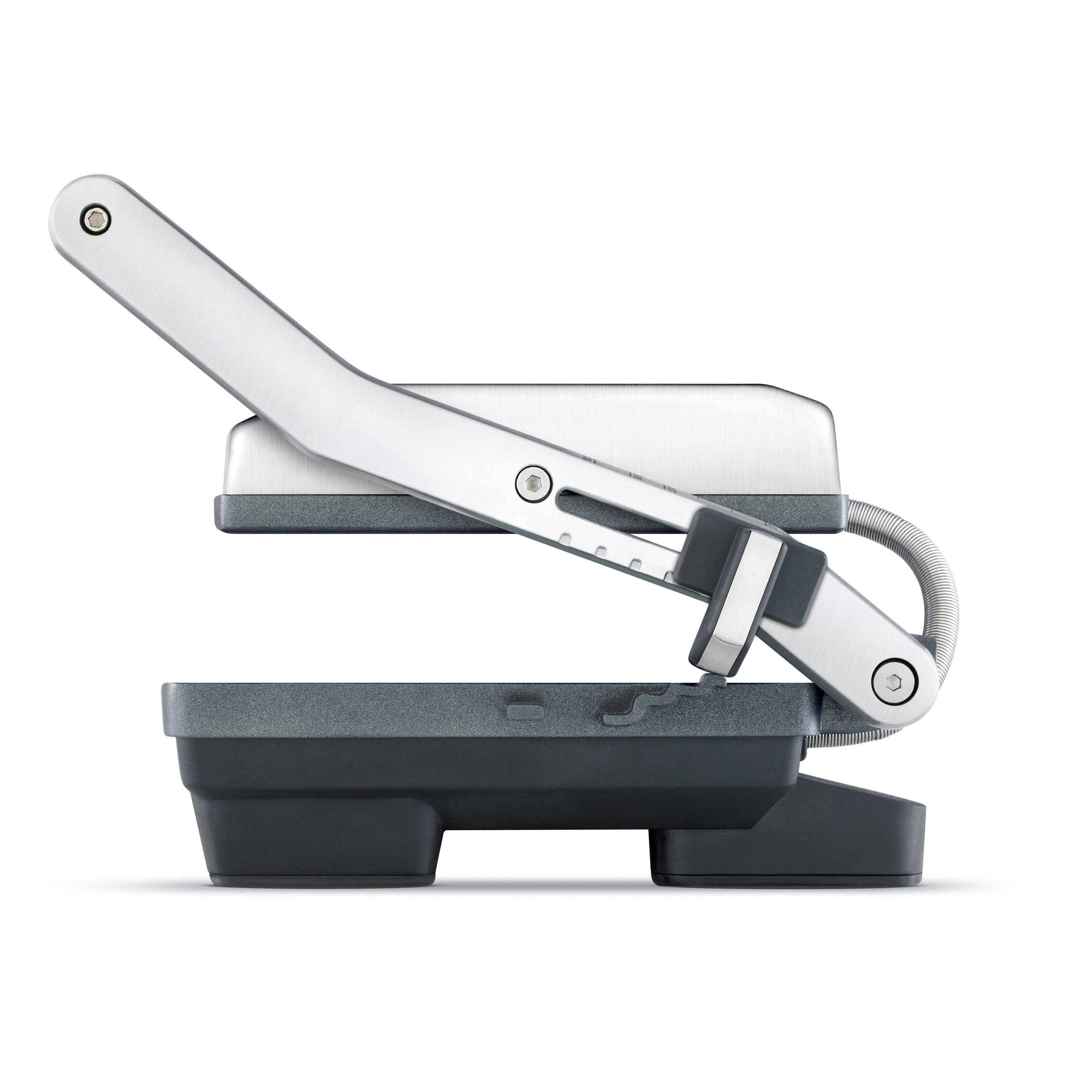 Side-on view of the grill, open.