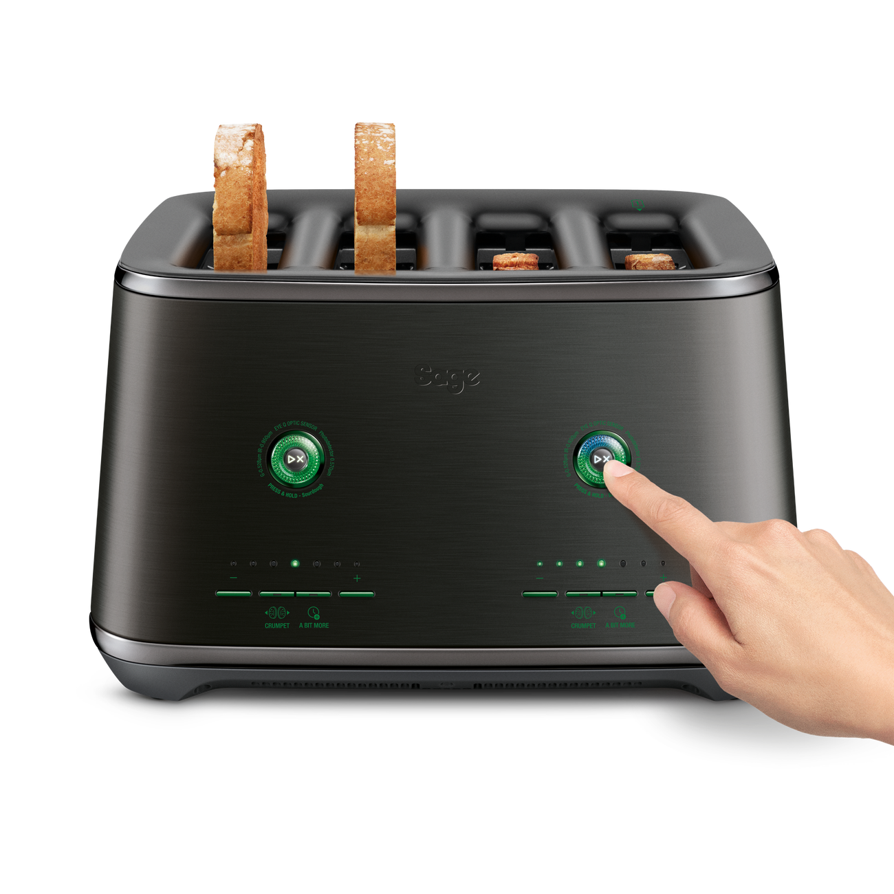 A hand reached out to press a button of the Eye Q™ Auto 2 Slice