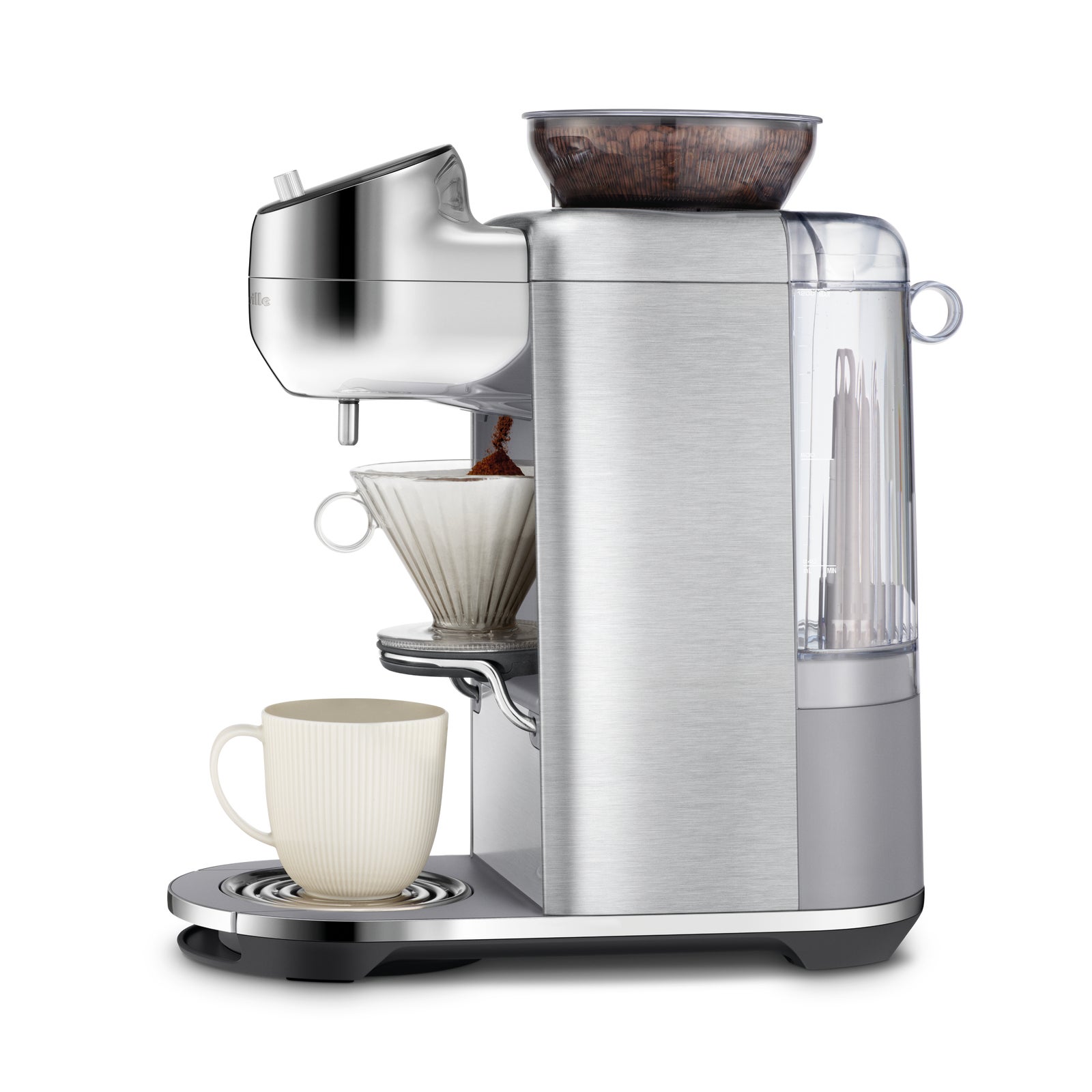 The Spiral Luxe Auto Pour-Over in profile, with the transparent water tank on the right, the bean hopper, the conical filter and a cup on the base.