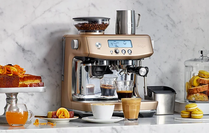 the Barista Pro™ on kitchen bench with latte glasses and coffee essentials accessories