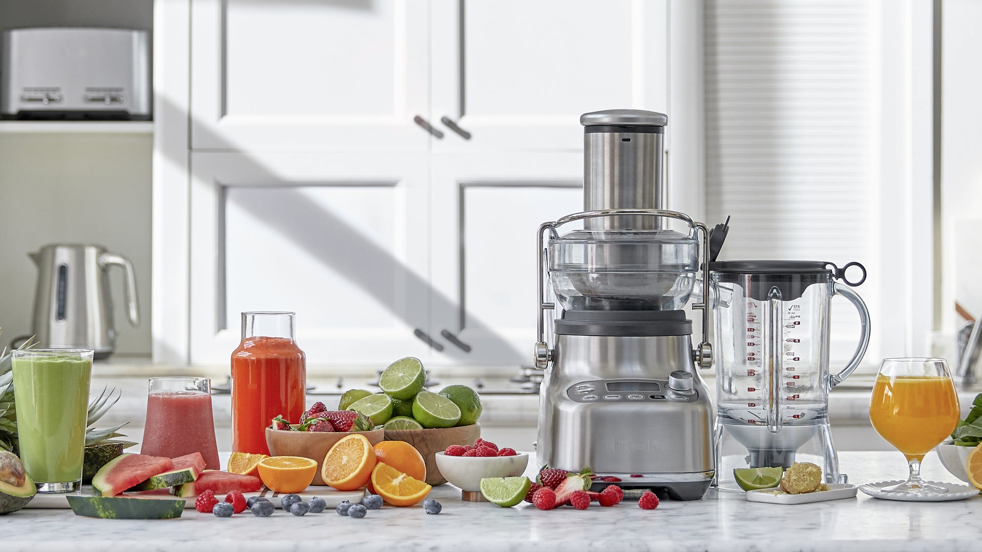 Appliance shown with juices, smoothies, and prepared food.