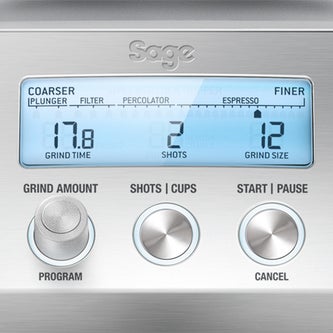the Smart Grinder Pro Coffee Grinder in Brushed Stainless Steel lcd display